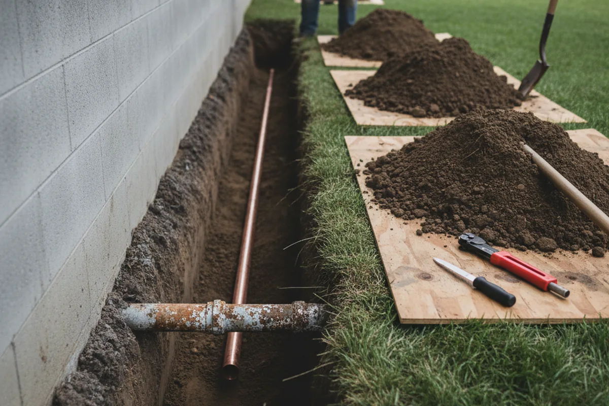 Excavated water line trench during Sewer Line Repair in Keene